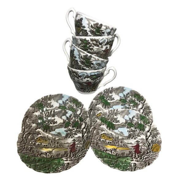 The Hunter By Myott Tea Cup & Saucer Set of 4 Permanent Colors England - Picture 1 of 10